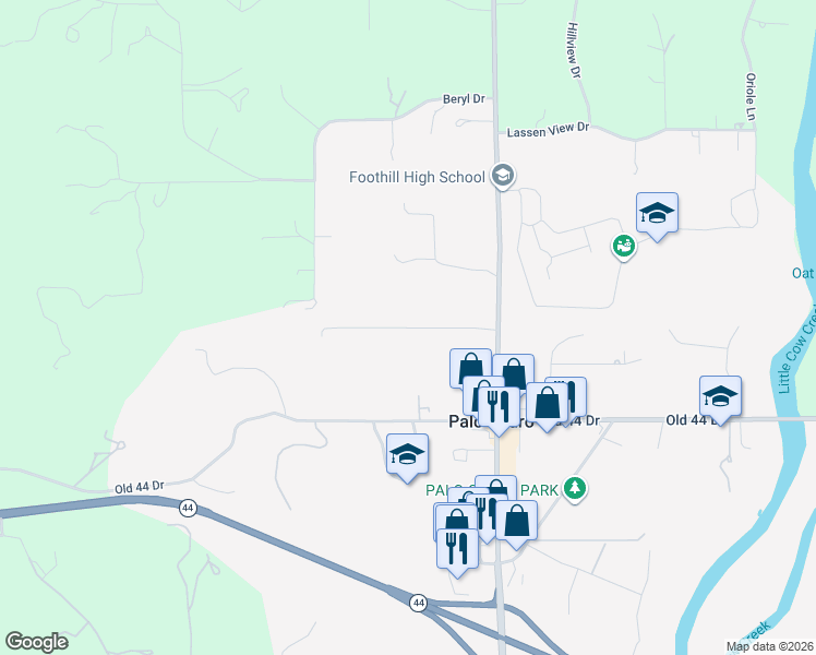 map of restaurants, bars, coffee shops, grocery stores, and more near 21801-21999 Stone Meadows Road in Palo Cedro