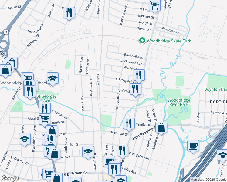 map of restaurants, bars, coffee shops, grocery stores, and more near 164 Schoder Avenue in Woodbridge Township