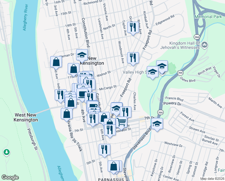 map of restaurants, bars, coffee shops, grocery stores, and more near 870 Kenneth Avenue in New Kensington