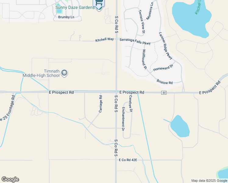 map of restaurants, bars, coffee shops, grocery stores, and more near County Road 44 in Fort Collins