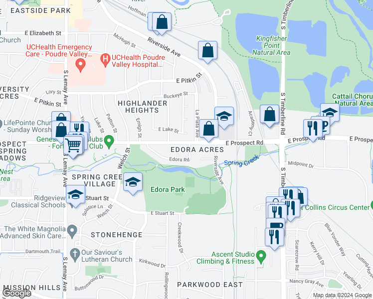 map of restaurants, bars, coffee shops, grocery stores, and more near 1607 Edora Road in Fort Collins