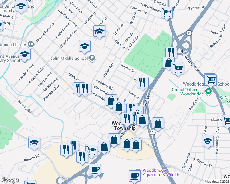 map of restaurants, bars, coffee shops, grocery stores, and more near 16 Universal Avenue in Woodbridge Township