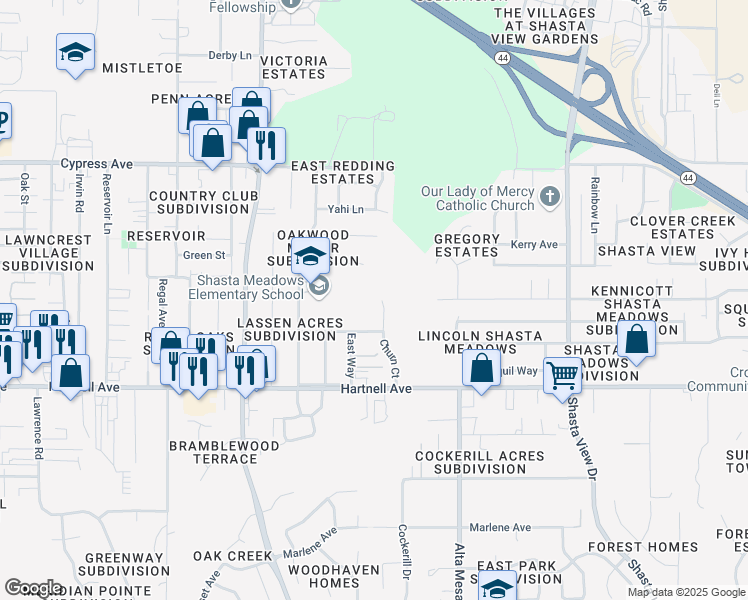 map of restaurants, bars, coffee shops, grocery stores, and more near 2802 Churn Court in Redding