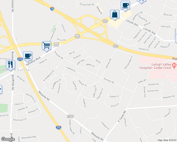 map of restaurants, bars, coffee shops, grocery stores, and more near 1055 Kressler Road in Allentown