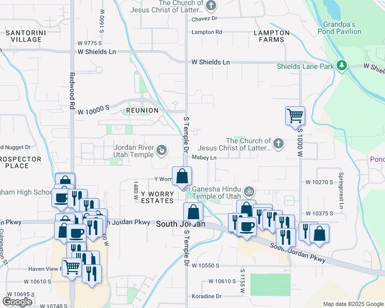 map of restaurants, bars, coffee shops, grocery stores, and more near 1294 Mabey Lane in South Jordan