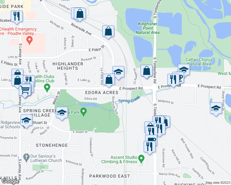 map of restaurants, bars, coffee shops, grocery stores, and more near 1685 Riverside Avenue in Fort Collins