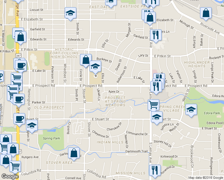 map of restaurants, bars, coffee shops, grocery stores, and more near in Fort Collins