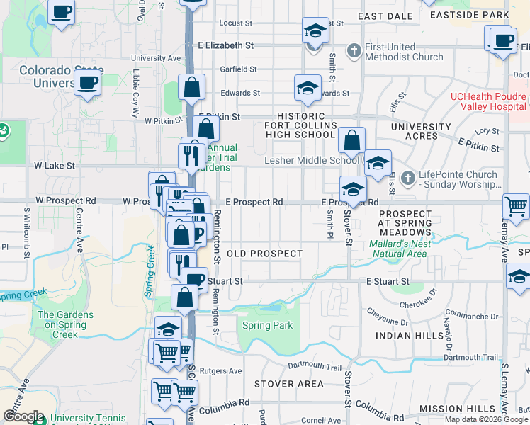 map of restaurants, bars, coffee shops, grocery stores, and more near 1613 Peterson Place in Fort Collins