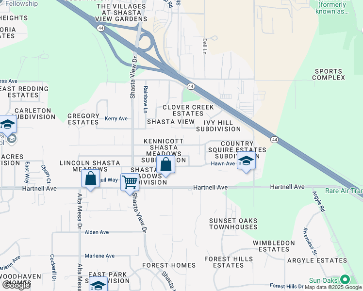 map of restaurants, bars, coffee shops, grocery stores, and more near 2837 Boneset Street in Redding