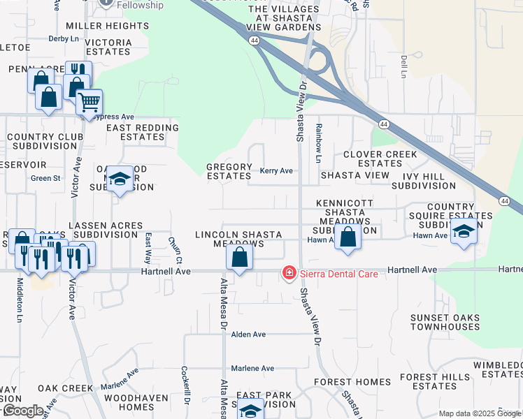map of restaurants, bars, coffee shops, grocery stores, and more near 2312 Belladonna Street in Redding