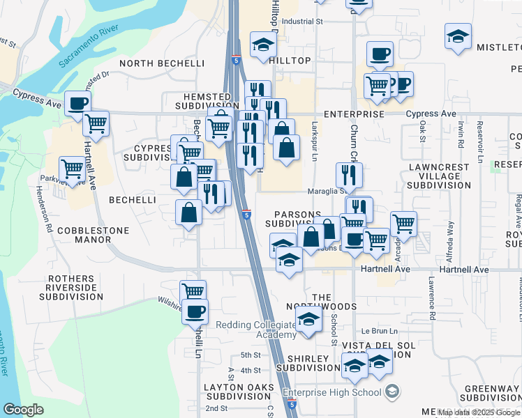 map of restaurants, bars, coffee shops, grocery stores, and more near 2851 June Street in Redding