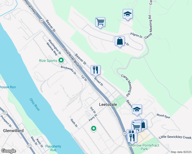 map of restaurants, bars, coffee shops, grocery stores, and more near 42 Ohio River Boulevard in Leetsdale