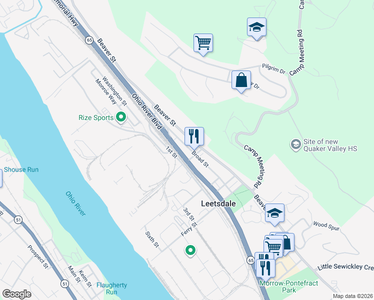 map of restaurants, bars, coffee shops, grocery stores, and more near 42 Ohio River Boulevard in Leetsdale