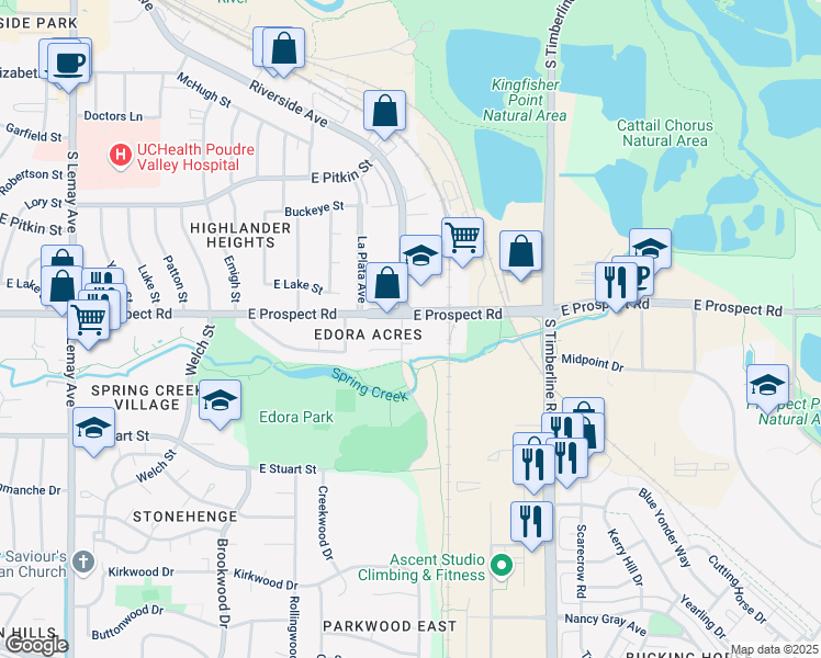 map of restaurants, bars, coffee shops, grocery stores, and more near 1685 Riverside Avenue in Fort Collins