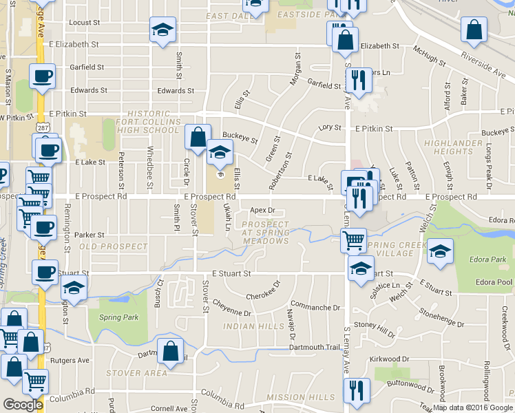 map of restaurants, bars, coffee shops, grocery stores, and more near 814 Apex Drive in Fort Collins