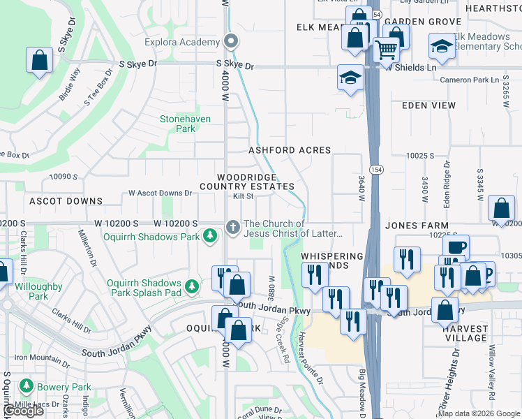 map of restaurants, bars, coffee shops, grocery stores, and more near 10190 Menteith Street in South Jordan