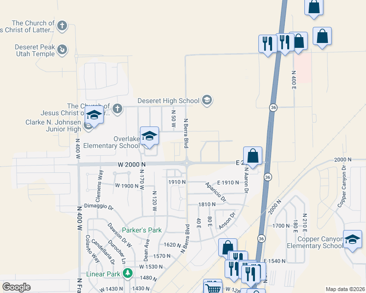 map of restaurants, bars, coffee shops, grocery stores, and more near 2062 North Essie Drive in Tooele