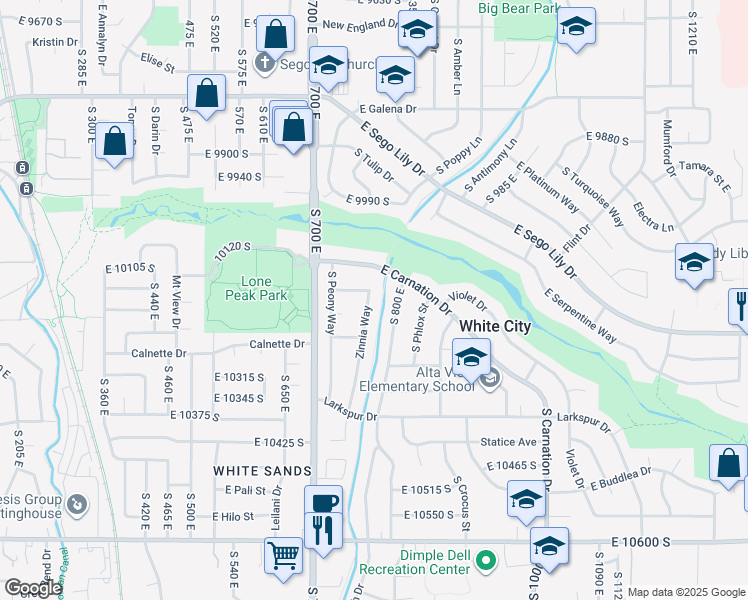 map of restaurants, bars, coffee shops, grocery stores, and more near 10165 South Zinnia Way in Sandy