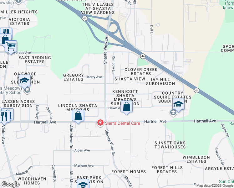 map of restaurants, bars, coffee shops, grocery stores, and more near 2517 Wilson Avenue in Redding