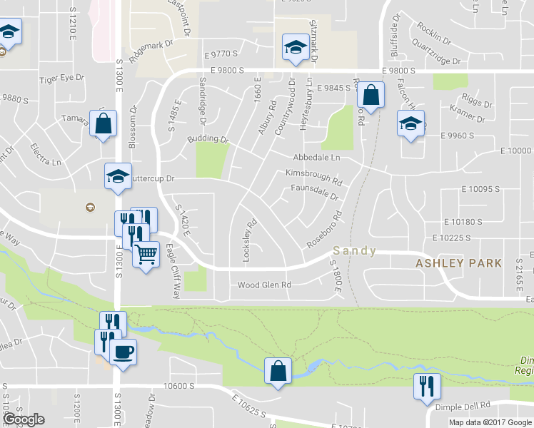 map of restaurants, bars, coffee shops, grocery stores, and more near 10158 Buttercup Drive in Sandy