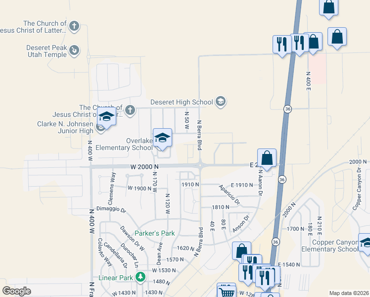map of restaurants, bars, coffee shops, grocery stores, and more near 2061 North Loxley Drive in Tooele