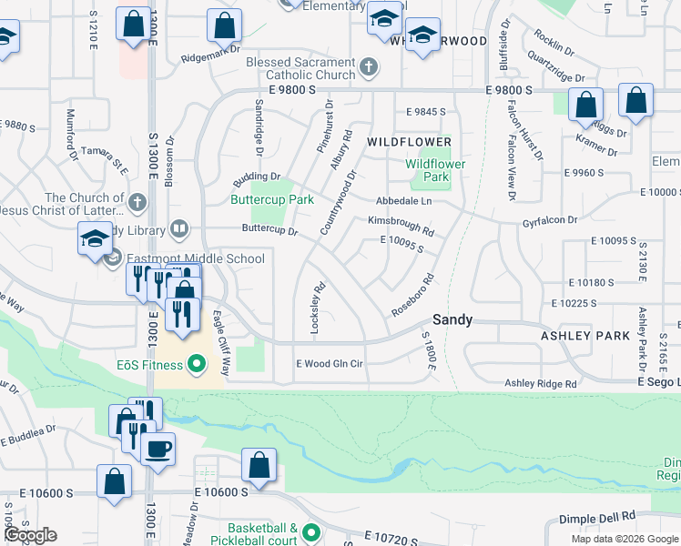 map of restaurants, bars, coffee shops, grocery stores, and more near 10158 Buttercup Drive in Sandy