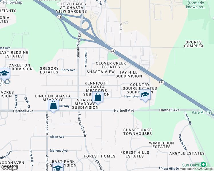 map of restaurants, bars, coffee shops, grocery stores, and more near 2837 Boneset Street in Redding