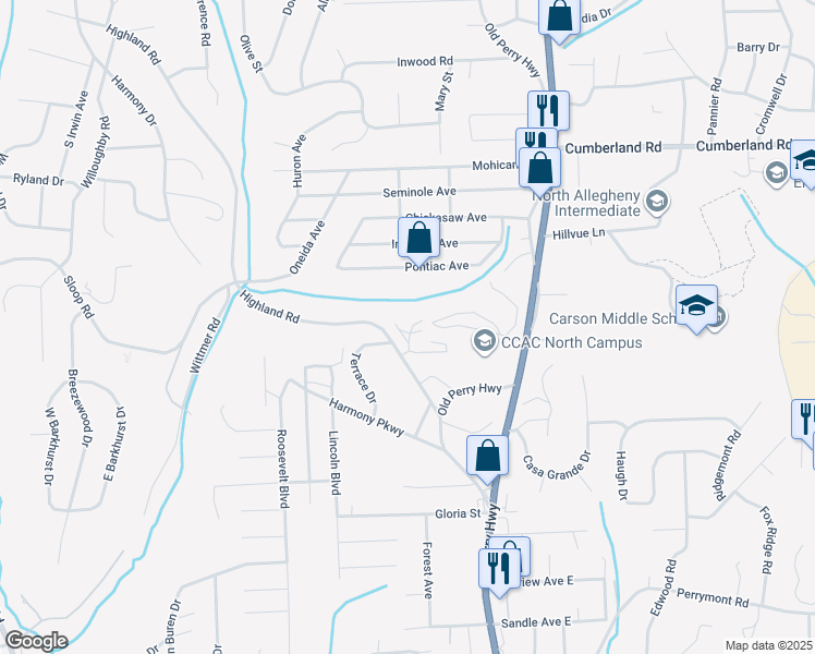 map of restaurants, bars, coffee shops, grocery stores, and more near 162 Aberdeen Drive in Pittsburgh