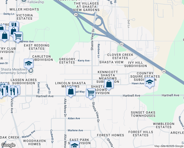 map of restaurants, bars, coffee shops, grocery stores, and more near Shasta View Drive & Wilson Avenue in Redding