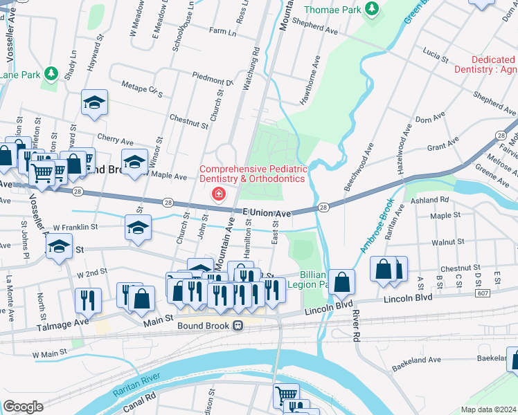 map of restaurants, bars, coffee shops, grocery stores, and more near 415 East Union Avenue in Bound Brook
