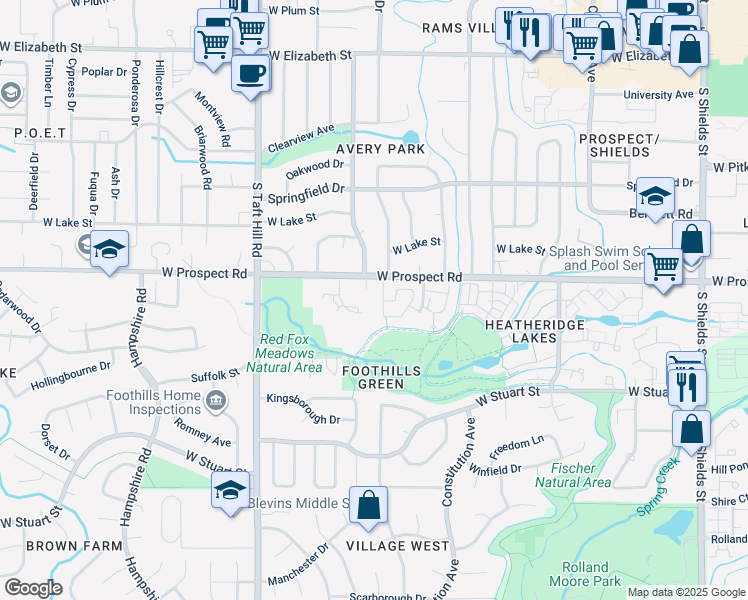 map of restaurants, bars, coffee shops, grocery stores, and more near 1615 Underhill Drive in Fort Collins