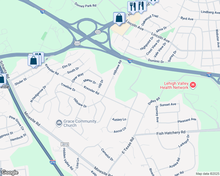 map of restaurants, bars, coffee shops, grocery stores, and more near 1170 Hillview Road in Allentown