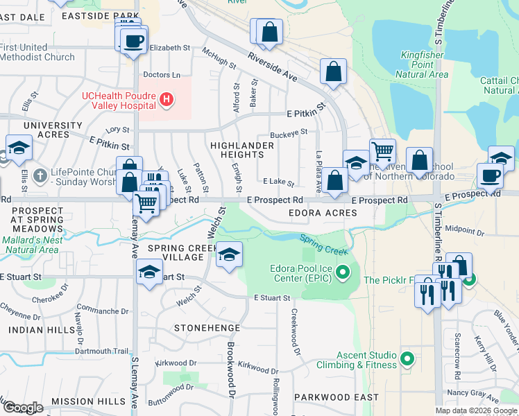 map of restaurants, bars, coffee shops, grocery stores, and more near 1419 Edora Road in Fort Collins