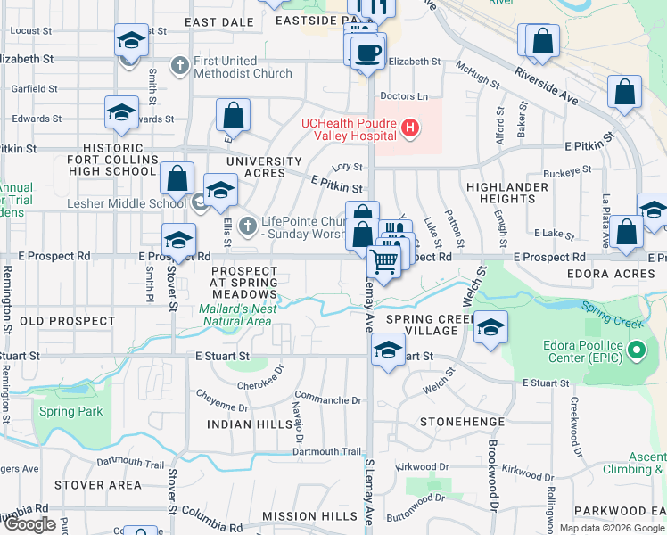 map of restaurants, bars, coffee shops, grocery stores, and more near 929 East Prospect Road in Fort Collins