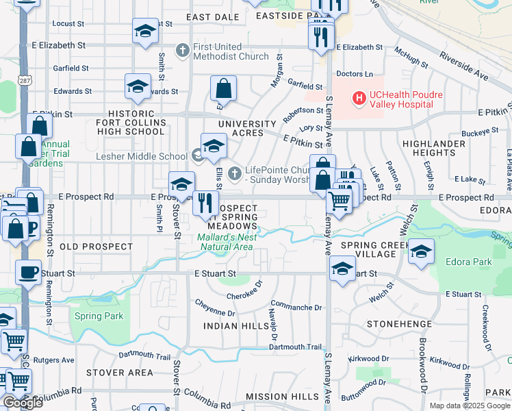 map of restaurants, bars, coffee shops, grocery stores, and more near 1602 Robertson in Fort Collins