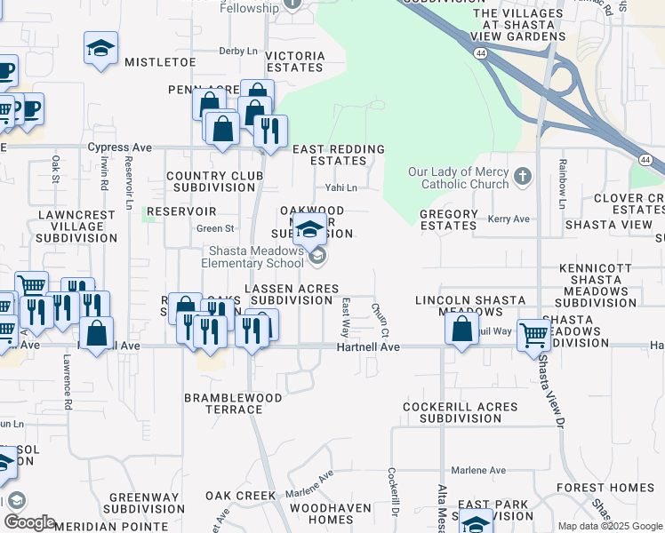 map of restaurants, bars, coffee shops, grocery stores, and more near 2825 Yana Avenue in Redding