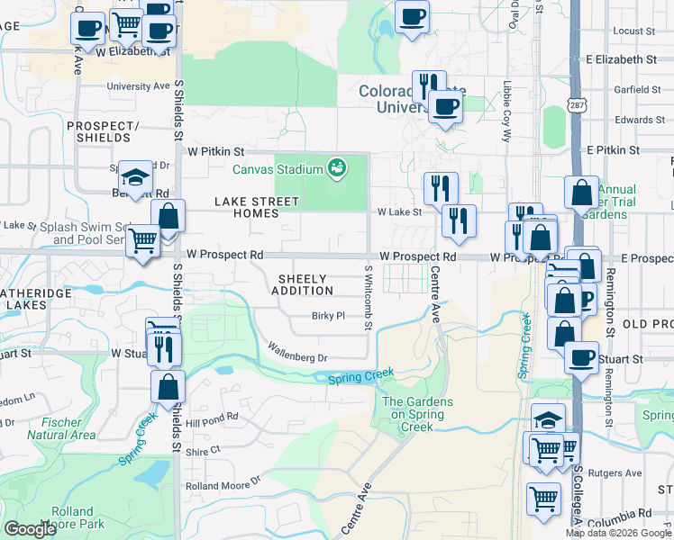 map of restaurants, bars, coffee shops, grocery stores, and more near 822 Juniper Lane in Fort Collins