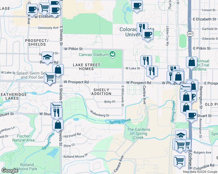 map of restaurants, bars, coffee shops, grocery stores, and more near 822 Juniper Lane in Fort Collins