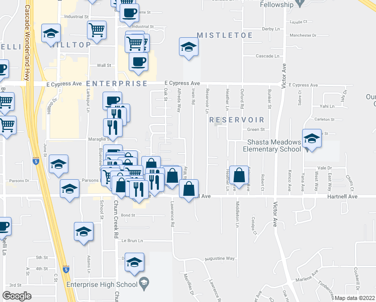map of restaurants, bars, coffee shops, grocery stores, and more near 2775 Alfreda Way in Redding