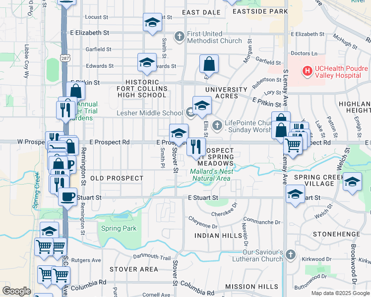 map of restaurants, bars, coffee shops, grocery stores, and more near 703 East Prospect Road in Fort Collins