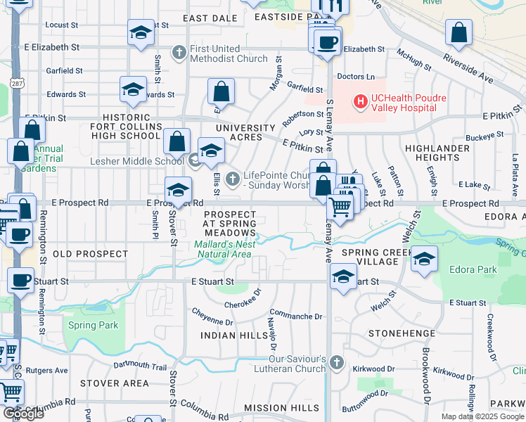map of restaurants, bars, coffee shops, grocery stores, and more near 845 Apex Drive in Fort Collins