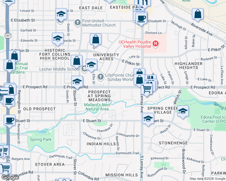 map of restaurants, bars, coffee shops, grocery stores, and more near 845 Apex Drive in Fort Collins