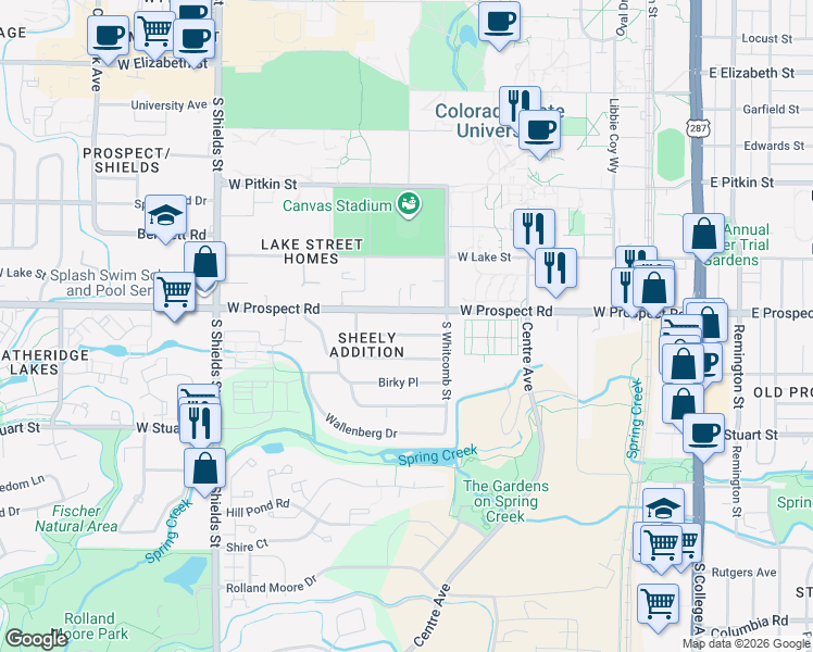 map of restaurants, bars, coffee shops, grocery stores, and more near 822 Juniper Lane in Fort Collins