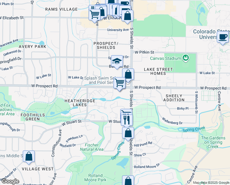 map of restaurants, bars, coffee shops, grocery stores, and more near 1127 West Prospect Road in Fort Collins