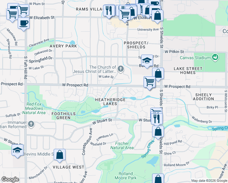 map of restaurants, bars, coffee shops, grocery stores, and more near 1225 West Prospect Road in Fort Collins