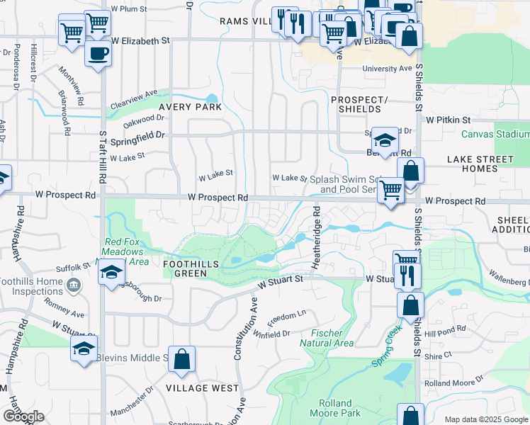 map of restaurants, bars, coffee shops, grocery stores, and more near 1562 Wicklow Lane in Fort Collins