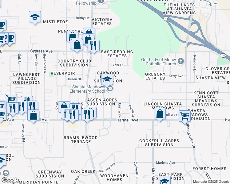 map of restaurants, bars, coffee shops, grocery stores, and more near 1922 Vale Drive in Redding