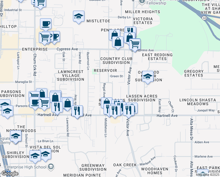 map of restaurants, bars, coffee shops, grocery stores, and more near 2843 Fairway Avenue in Redding