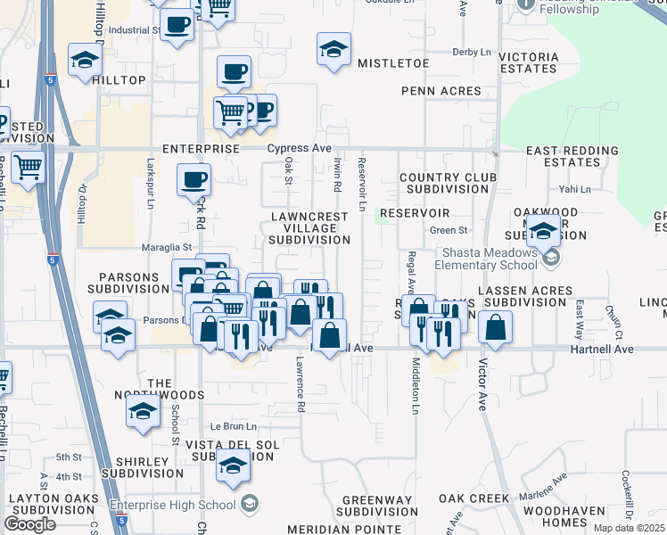map of restaurants, bars, coffee shops, grocery stores, and more near 2851 Irwin Road in Redding