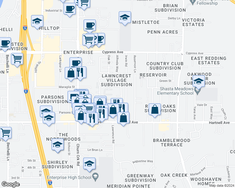 map of restaurants, bars, coffee shops, grocery stores, and more near 2846 Alfreda Way in Redding